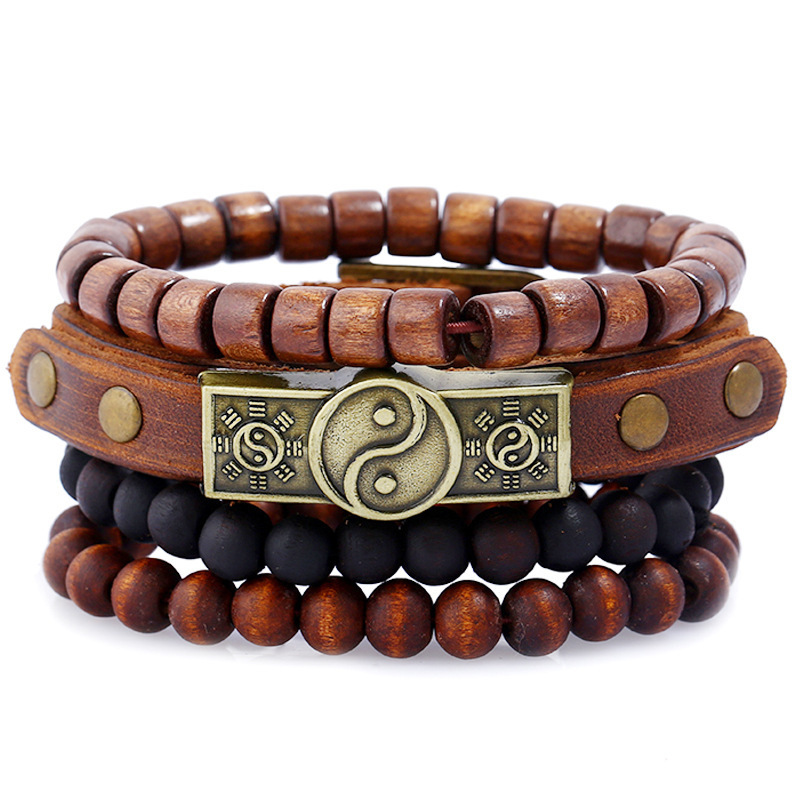 Bali leather bracelet wooden beads bracelet for unisex