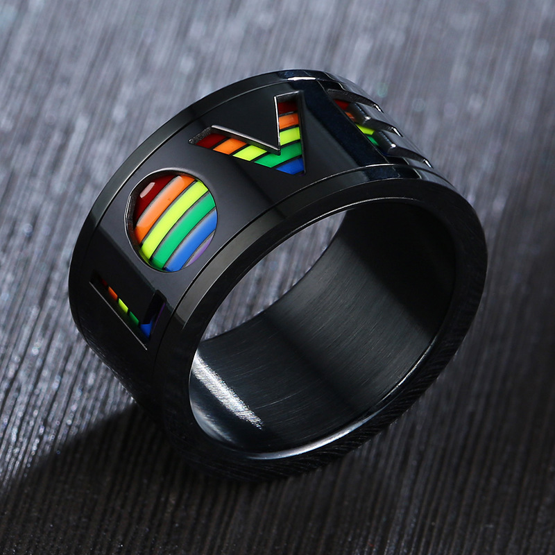 Gay men's pride jewelry stainless steel enamel rainbow spinner ring