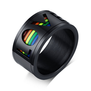 Gay men's pride jewelry stainless steel enamel rainbow spinner ring