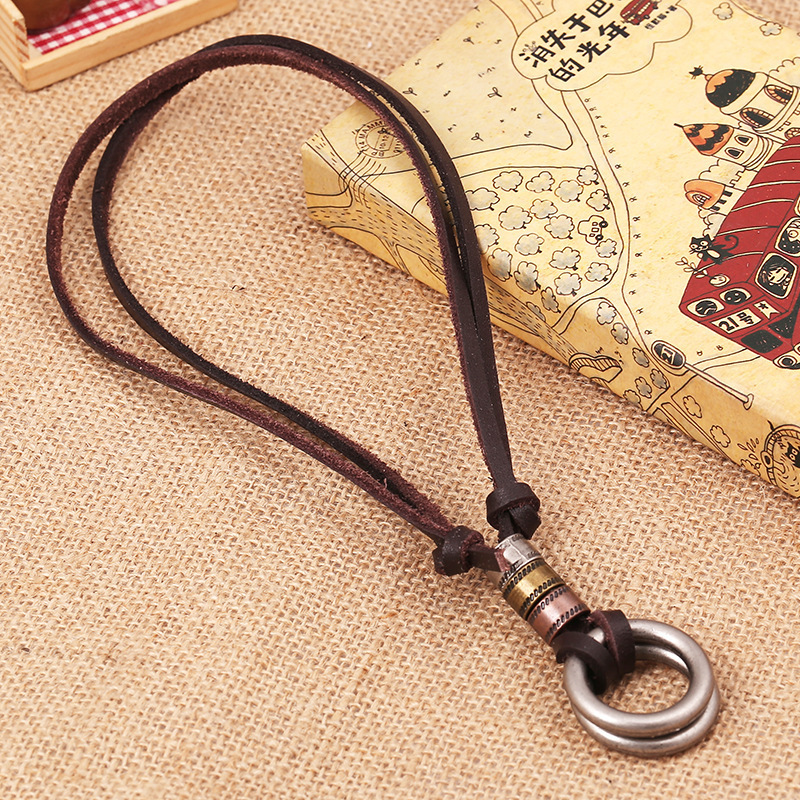 Male female unisex leather necklace trendy two circle pendant necklace