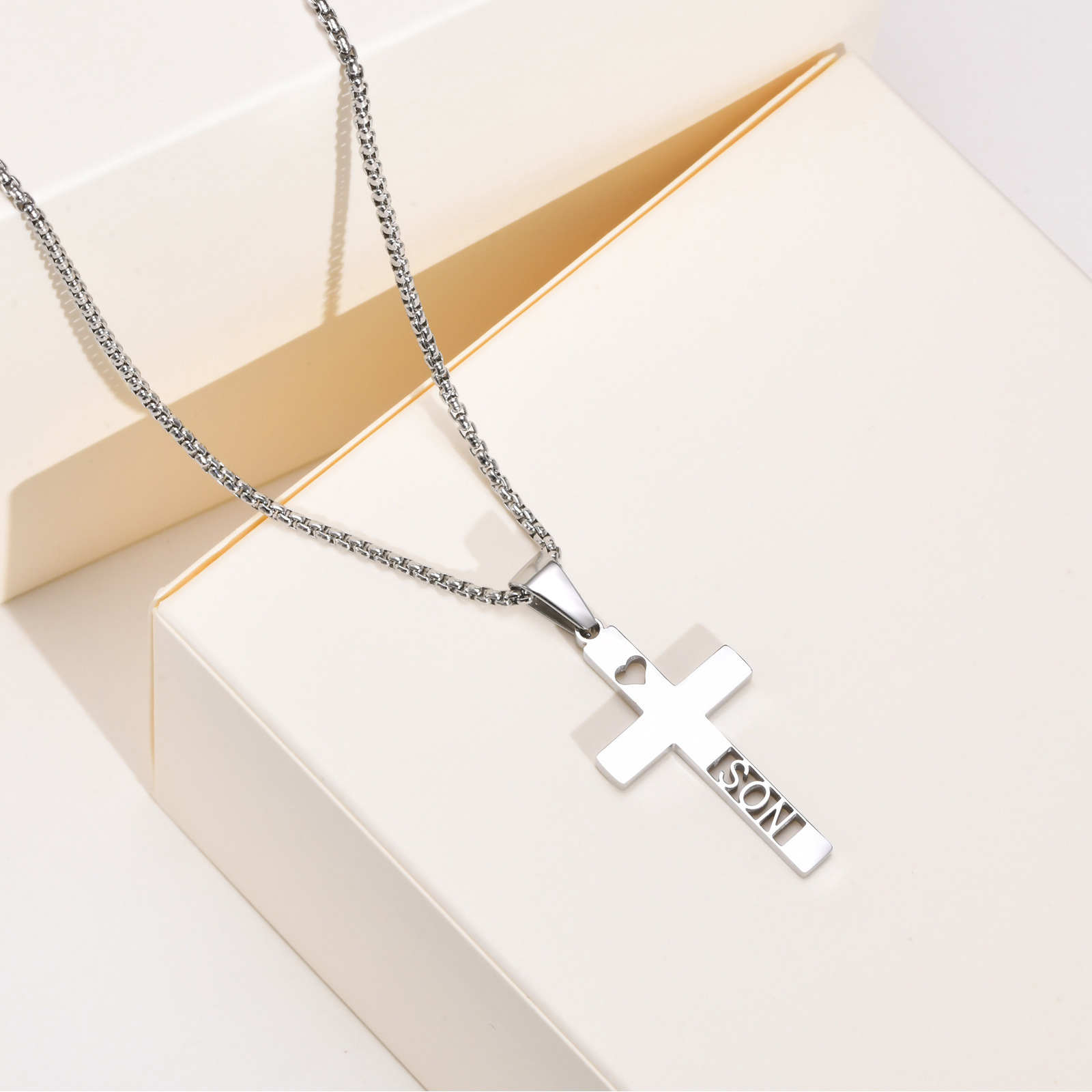 2024 stainless steel waterproof and non tarnish cross necklace  tiny heart hollowed cross pendant necklace with letter son