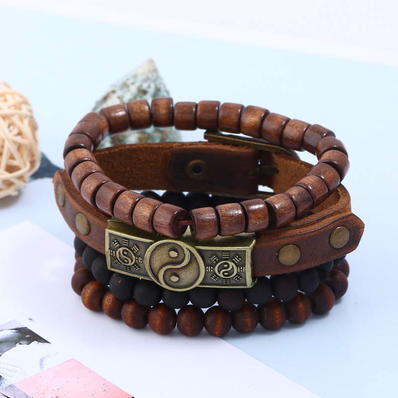 Bali leather bracelet wooden beads bracelet for unisex