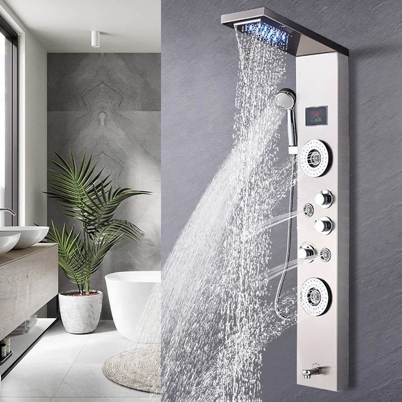 Shower Panel Bathroom Wall Mounted Stainless Steel Waterfall Chrome Shower Head Column Set Tower Massage Jets LED Shower Panels