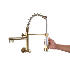 Luxury Brass Gold Concealed Kitchen Faucet Wall Mounted Kitchen Sink Mixer Taps with Pull Down Sprayer