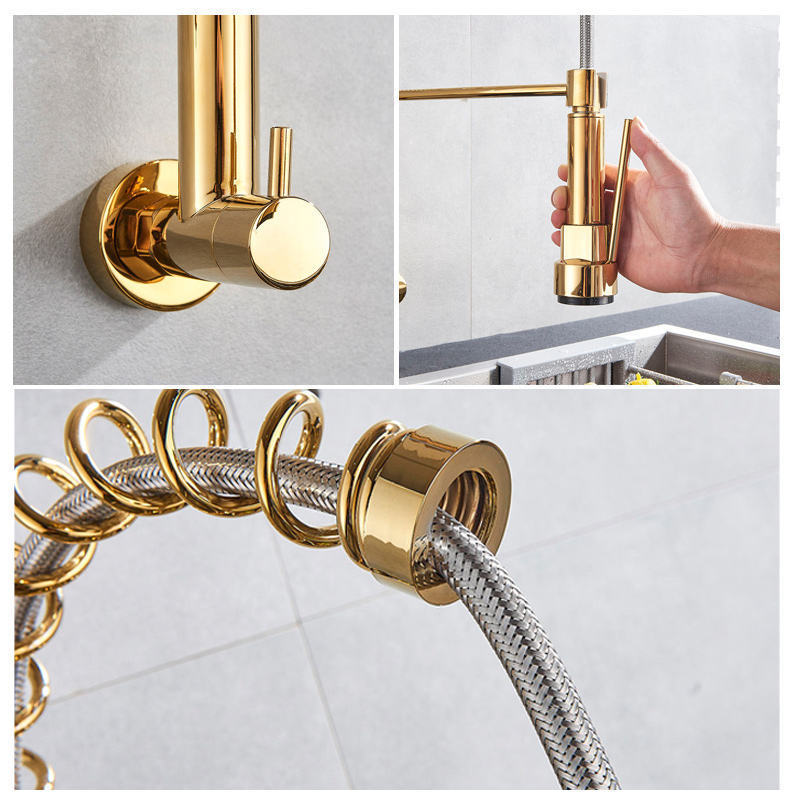 Luxury Brass Gold Concealed Kitchen Faucet Wall Mounted Kitchen Sink Mixer Taps with Pull Down Sprayer