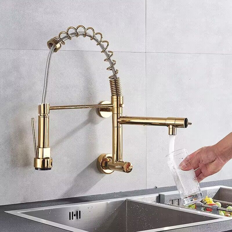 Luxury Brass Gold Concealed Kitchen Faucet Wall Mounted Kitchen Sink Mixer Taps with Pull Down Sprayer