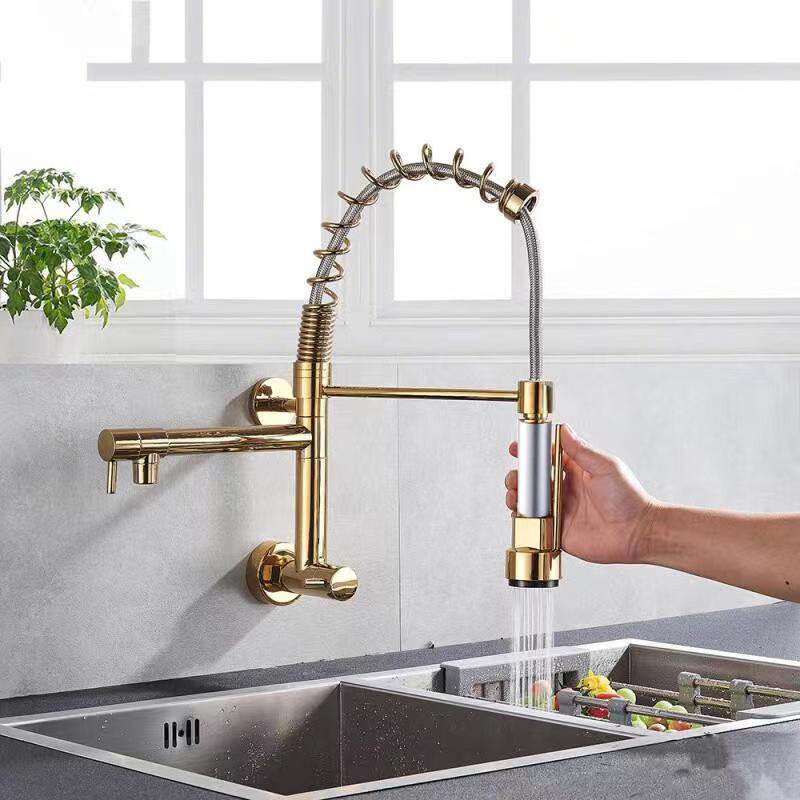 Luxury Brass Gold Concealed Kitchen Faucet Wall Mounted Kitchen Sink Mixer Taps with Pull Down Sprayer