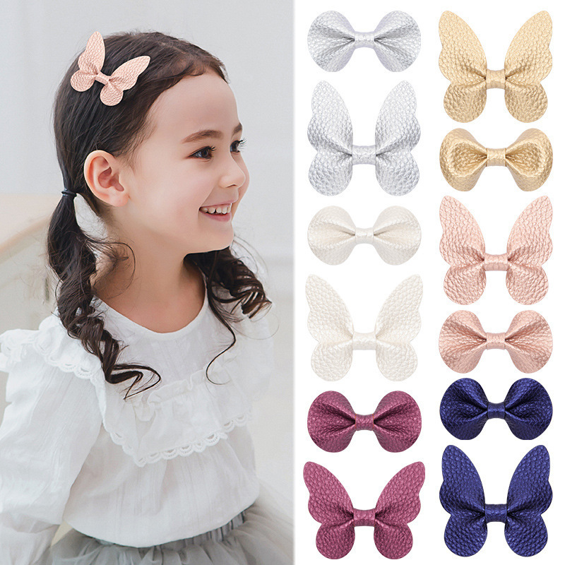 B.PHNE Wholesale girls hair accessories glitter pink pu candy butterfly bow hair clips for kids