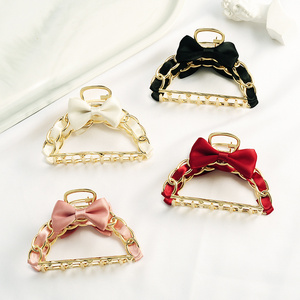 B.PHNE Women Personality Design Gold Metal Hair Claw women With Red Ribbon Bow