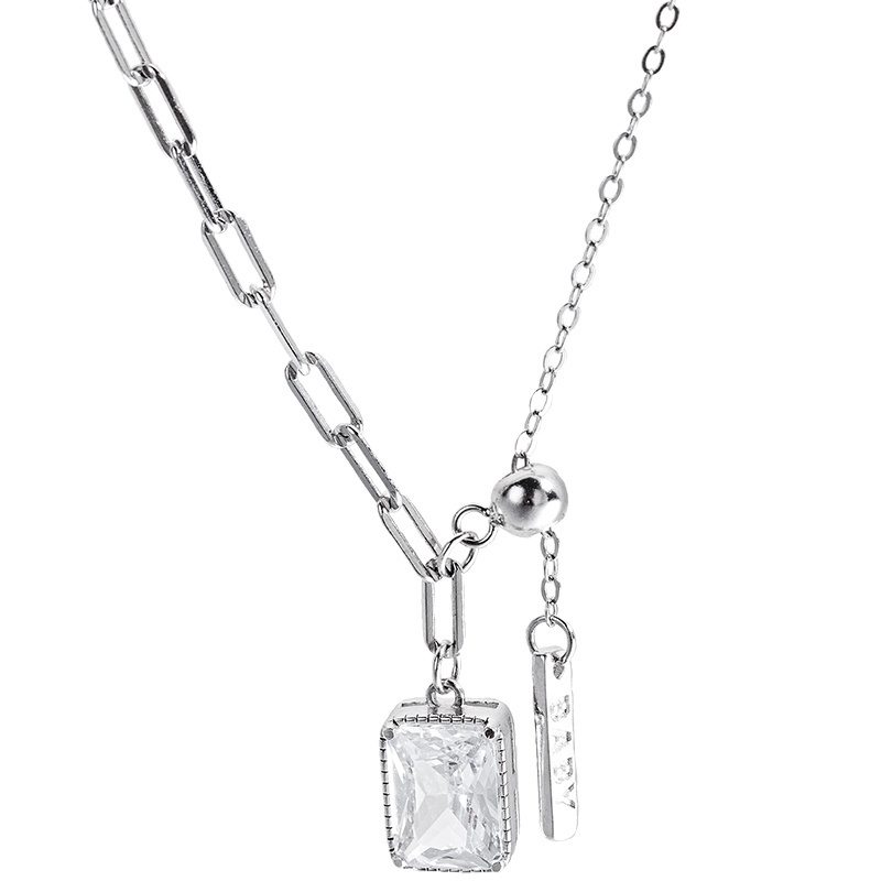 Sliding bead silver 925 Rectangle shape  zircon stone length adjustable pendant women necklace