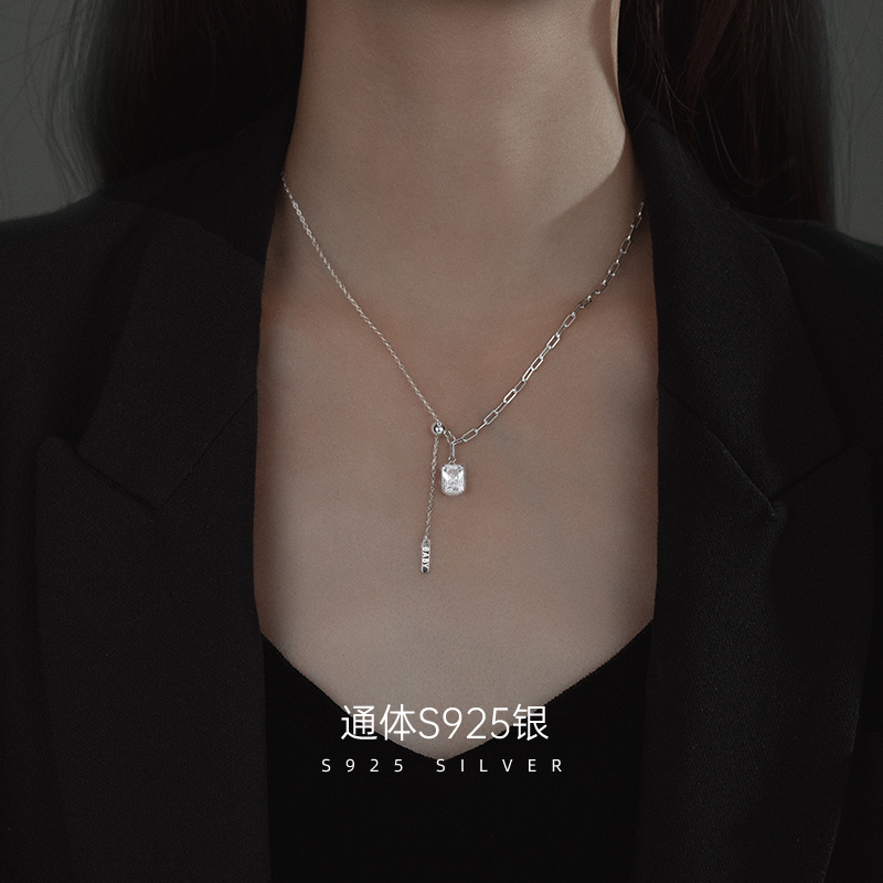 Sliding bead silver 925 Rectangle shape  zircon stone length adjustable pendant women necklace