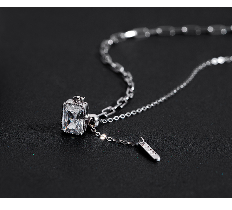 Sliding bead silver 925 Rectangle shape  zircon stone length adjustable pendant women necklace