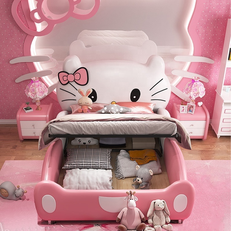 Cute creative cartoon cat design pink princess bed kids furniture wooden beds for kids furniture bed