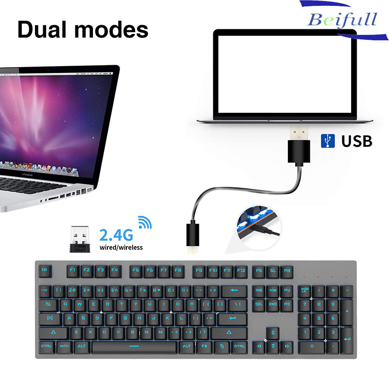 Rechargeable 104keys Anti-ghosting Luminous Blue Switch LED Backlit 2.4G wireless Gaming Mechanical Keyboard