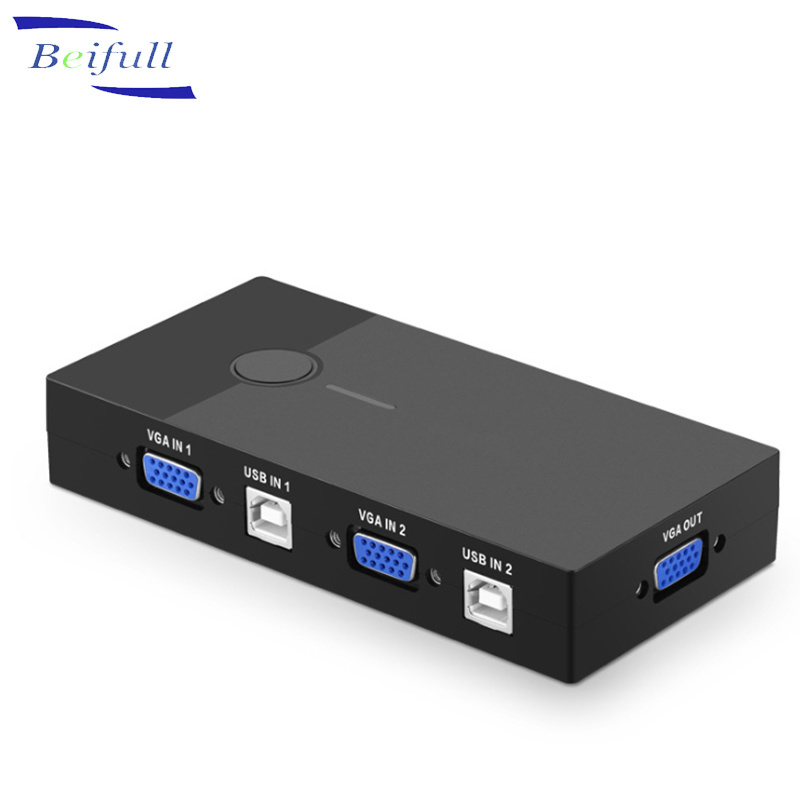 2 Port USB KVM Switch Box VGA Video Sharing Adapter 2 in 1 Out Manual Switcher with USB Cables for Computer