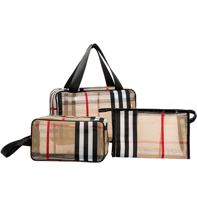 3pcs/set Luxury Cosmetic Bag Designer Pvc Mesh Stripe Waterproof Travel Bags Multifunctional Transparent Makeup Storage Bag