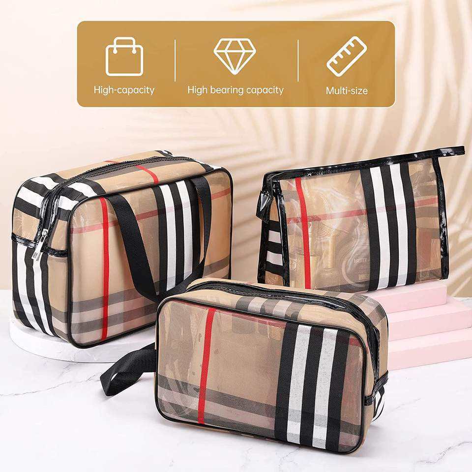 3pcs/set Luxury Cosmetic Bag Designer Pvc Mesh Stripe Waterproof Travel Bags Multifunctional Transparent Makeup Storage Bag