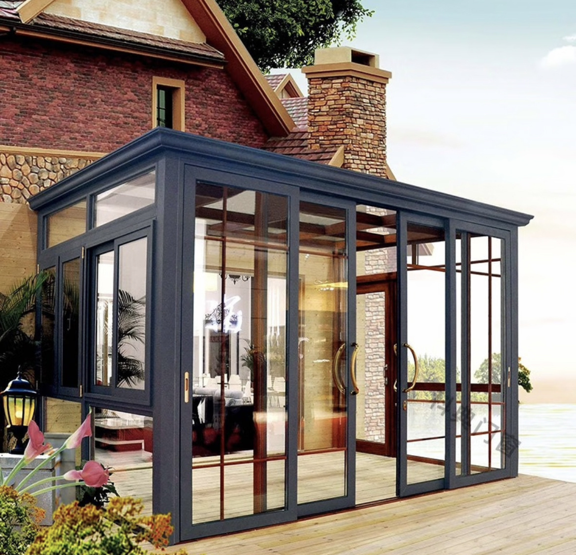 Outdoor Free Standing Double Glazed Aluminum Glass House Sunroom With Sliding Door