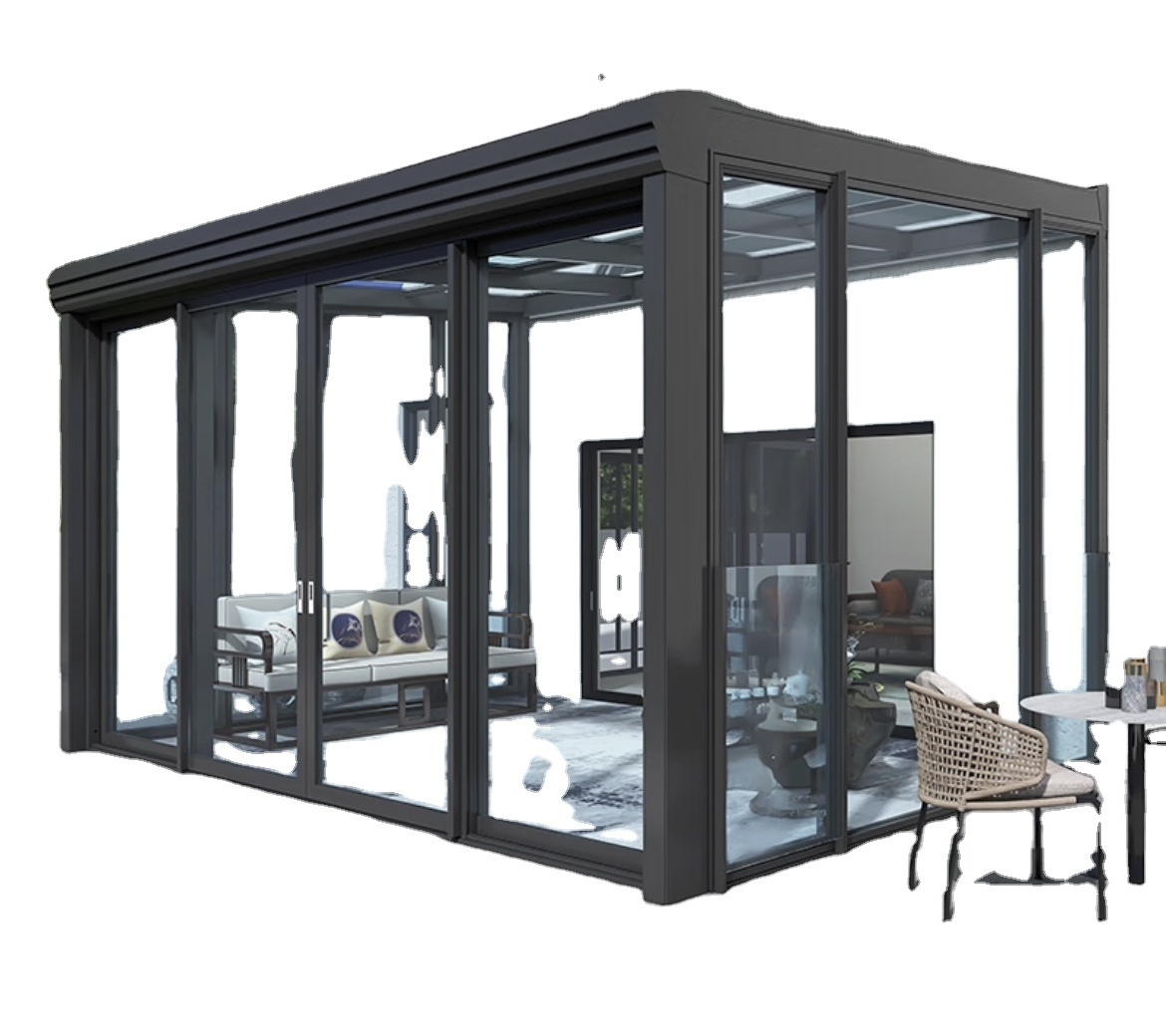 Outdoor Free Standing Double Glazed Aluminum Glass House Sunroom With Sliding Door