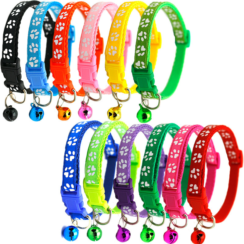 2021 Factory Wholesale Multi Color Paw print Adjustable Nylon Reflective Rope With Bell Pet cat Chain Lead Dog Collars