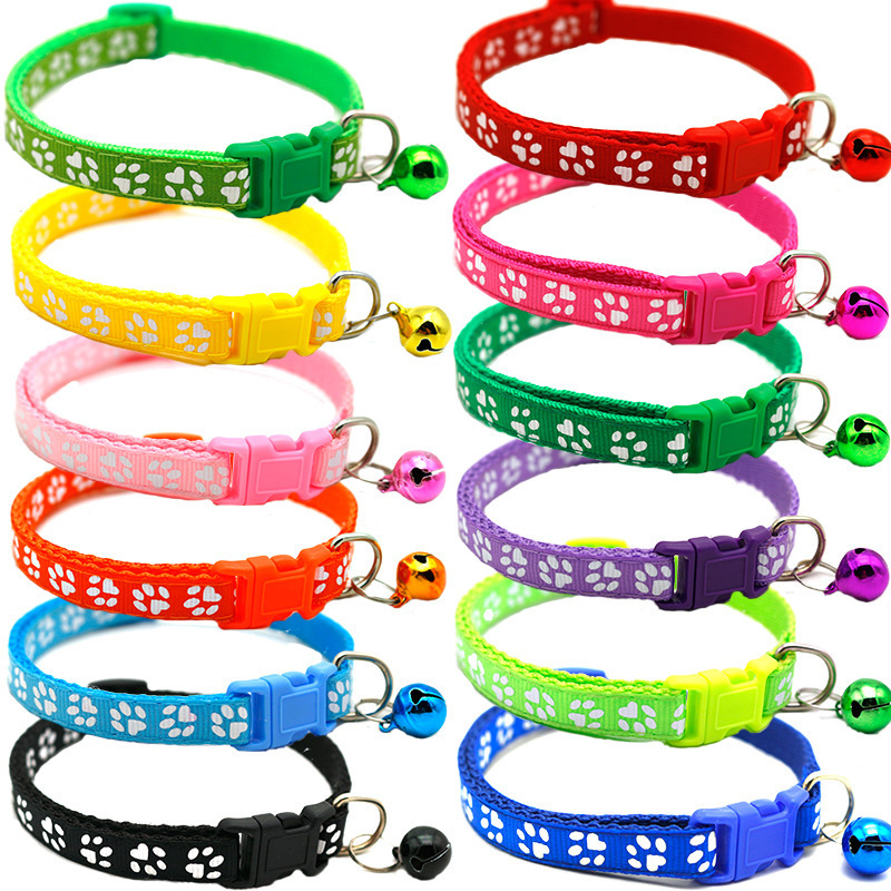 2021 Factory Wholesale Multi Color Paw print Adjustable Nylon Reflective Rope With Bell Pet cat Chain Lead Dog Collars