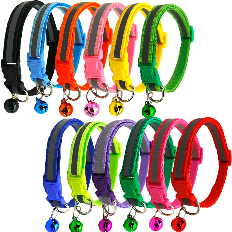 2021 Factory Wholesale Multi Color Adjustable Nylon Reflective Rope With Bell Pet cat Chain Lead Dog Collars