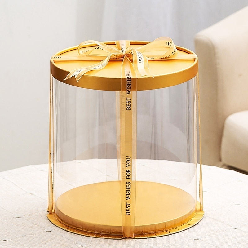 Factory Wholesale Luxury Plastic Transparent Cake Gift Box Golden Tall Round Ready To Ship Cake Boxes