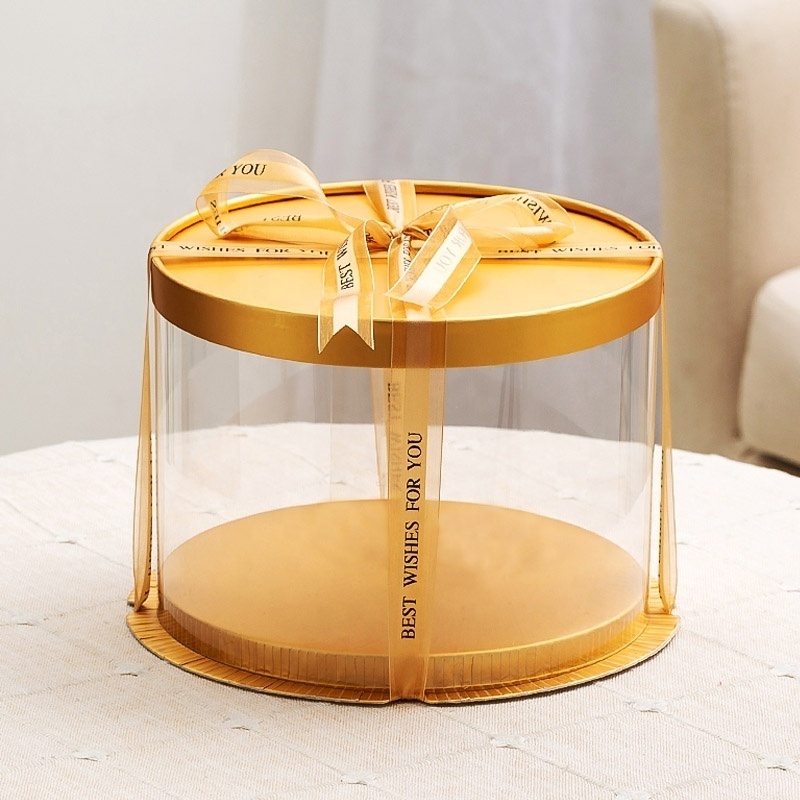 Factory Wholesale Luxury Plastic Transparent Cake Gift Box Golden Tall Round Ready To Ship Cake Boxes