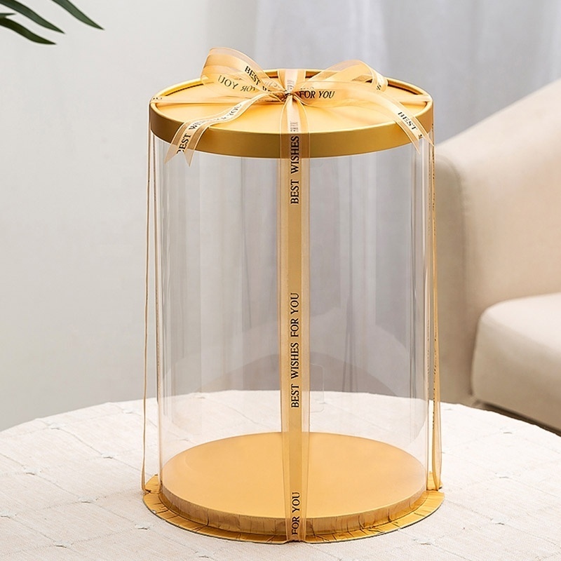 Factory Wholesale Luxury Plastic Transparent Cake Gift Box Golden Tall Round Ready To Ship Cake Boxes