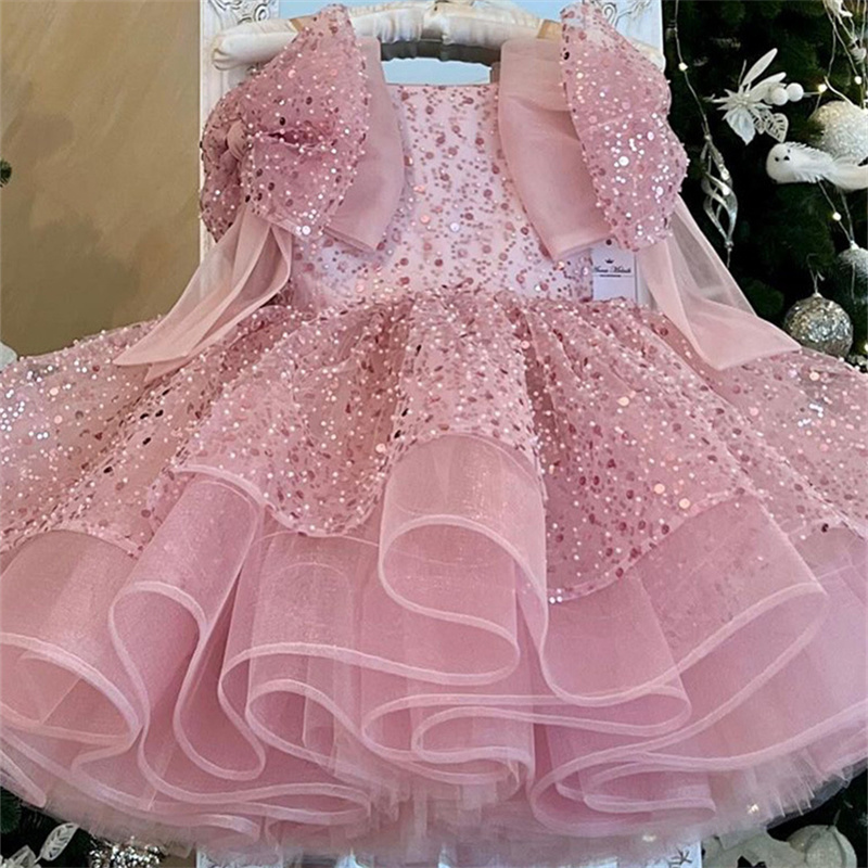 Baby Girls Birthday Party Wear Gown Princess Pink Sweet Bow Sequin Puffy Dresses Kids Luxury Evening Dresses