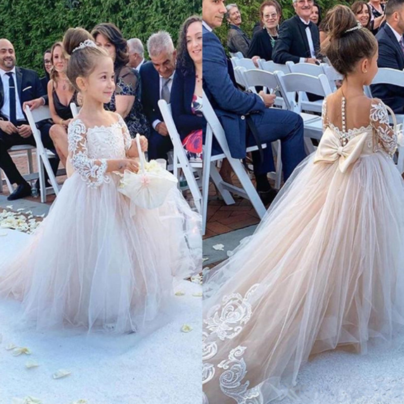 Flower Girls' Wedding Dresses Long Sleeve Bow Princess Ball Gown Lace Applique Kids White Luxury Birthday Party Dresses