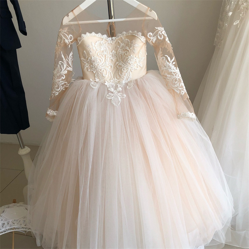 Flower Girls' Wedding Dresses Long Sleeve Bow Princess Ball Gown Lace Applique Kids White Luxury Birthday Party Dresses