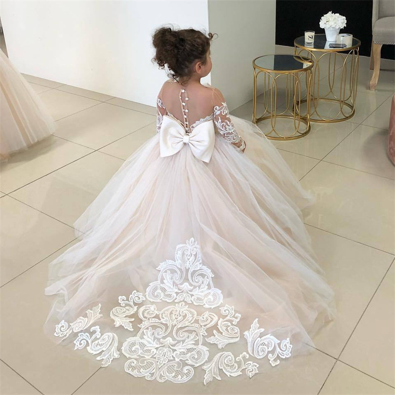 Flower Girls' Wedding Dresses Long Sleeve Bow Princess Ball Gown Lace Applique Kids White Luxury Birthday Party Dresses