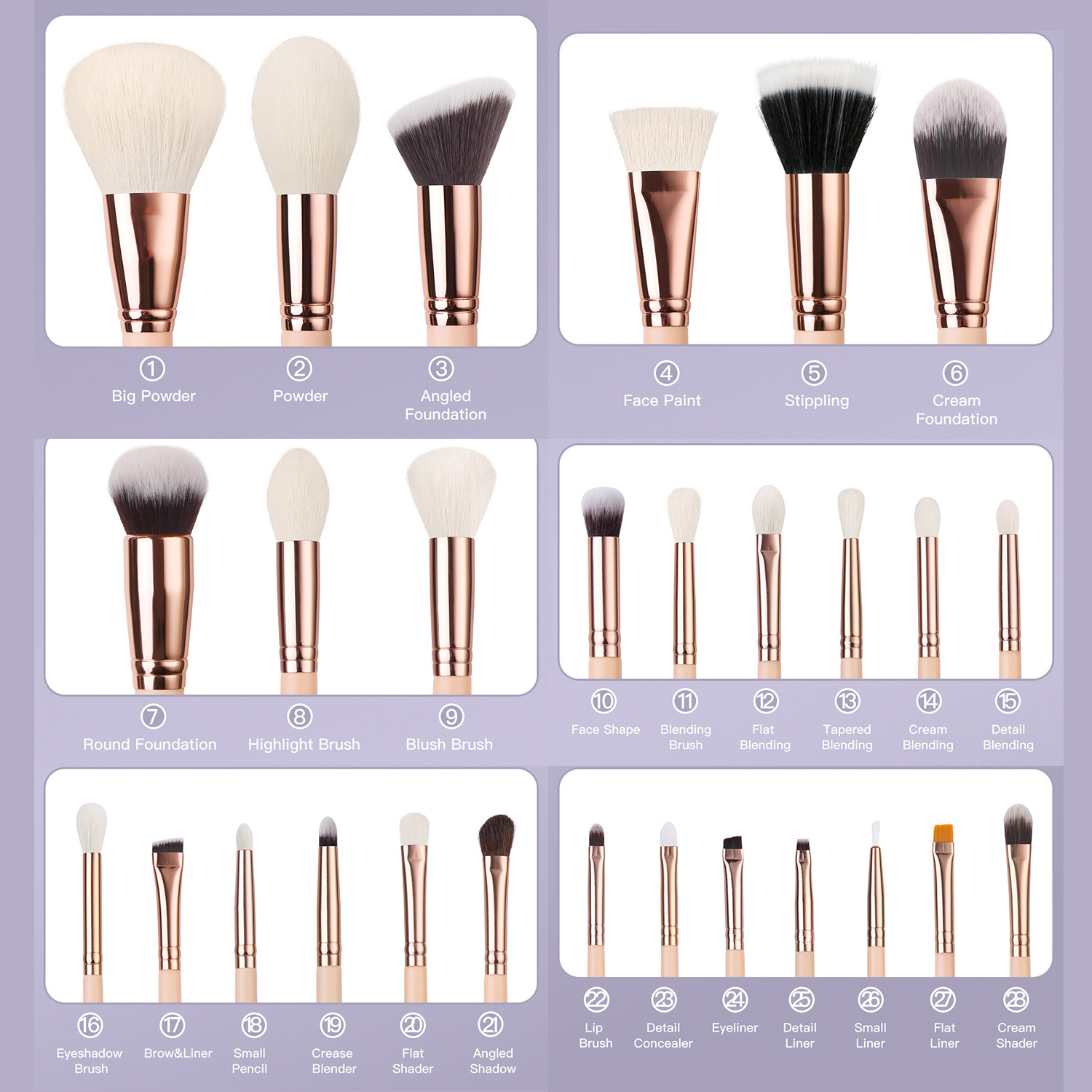 BEILI 28pcs Rose Gold Makeup Brush Set with Pink Handle Goat Hair Custom Foundation Contour Eye Powder Brushes Private Label