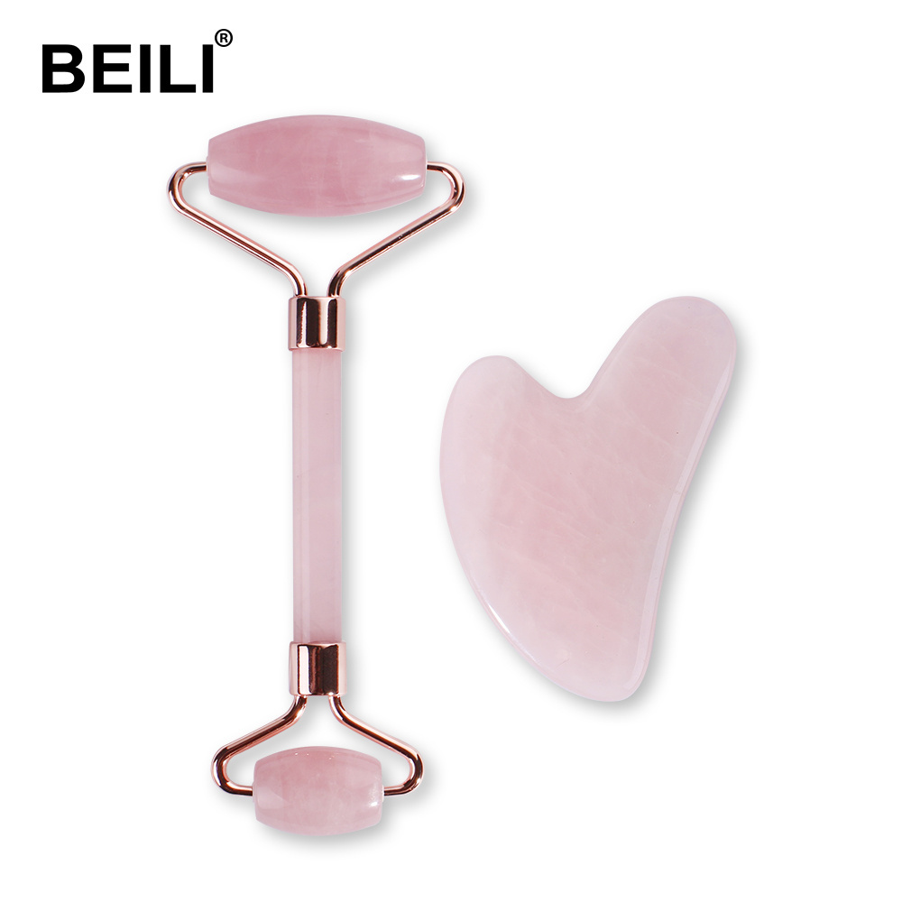 BEILI Face Rose Jade Roller 100% Natural Jade Stone Double Head Facial Massage Quartz Face Roller Guasha ttools set