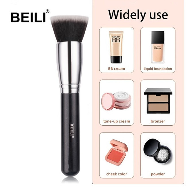 BEILI Best seller Single Foundation Makeup brush Flat Top Kabuki Brush Black Handle Synthetic Hair Brush