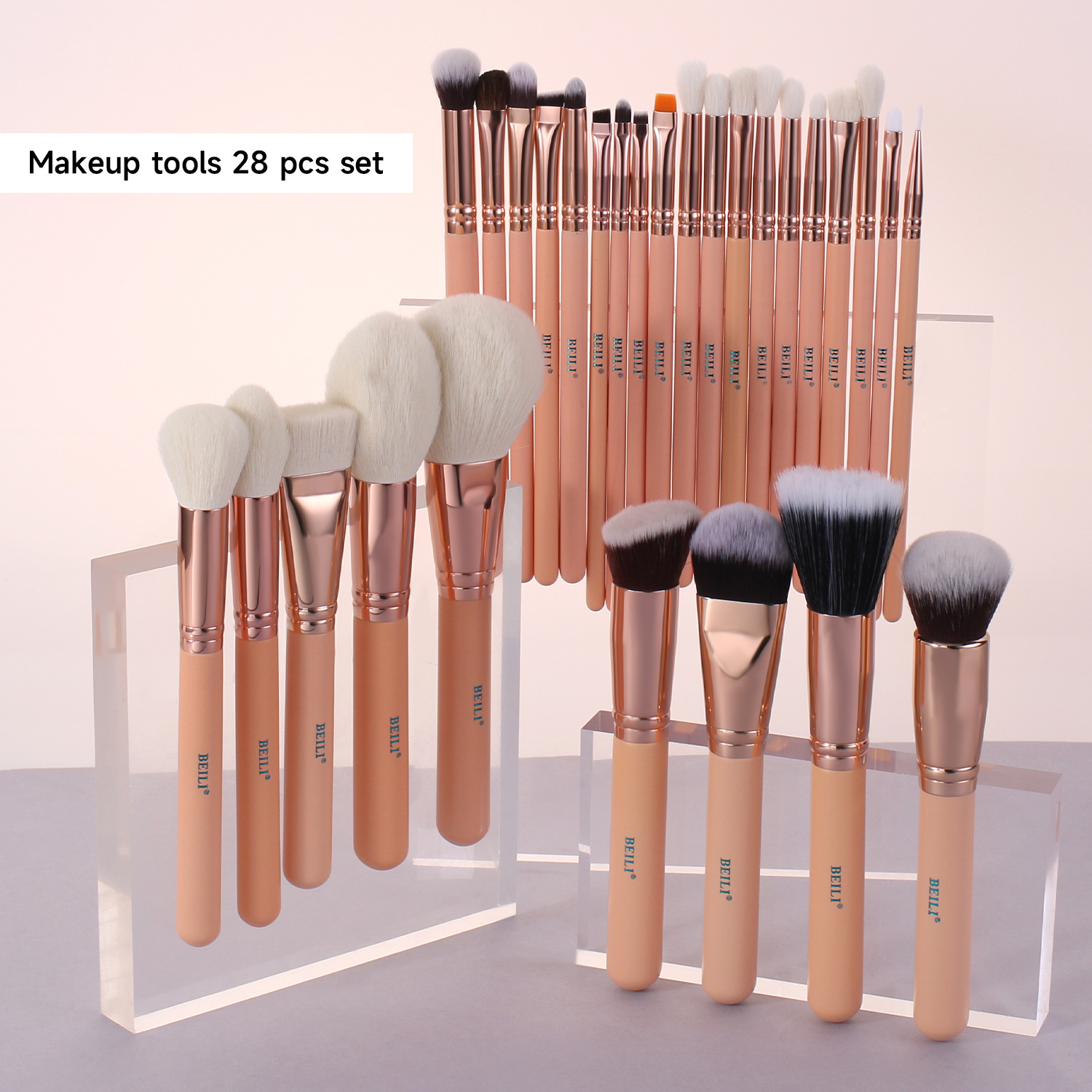 BEILI 28pcs Rose Gold Makeup Brush Set with Pink Handle Goat Hair Custom Foundation Contour Eye Powder Brushes Private Label