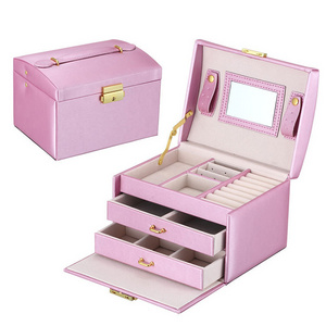 Wholesale Luxury Large Jewellery Case Big 3 Layer Drawer Mirror Pu Leather Organizer Travel Storage Jewelry Box with Handle