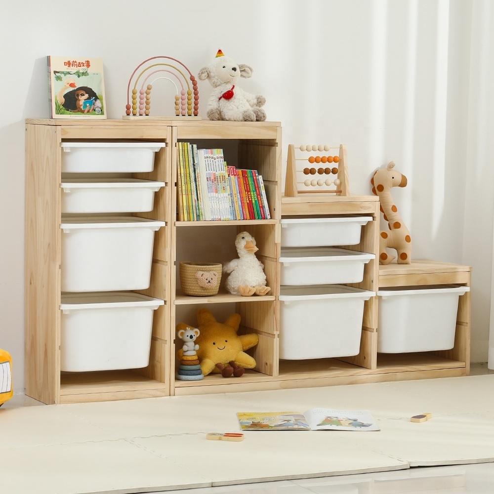 Living Room Kindergarten Wooden Storage Shelf Toys Organizer Kids Furniture Books Cabinets Plastic Storage Bin