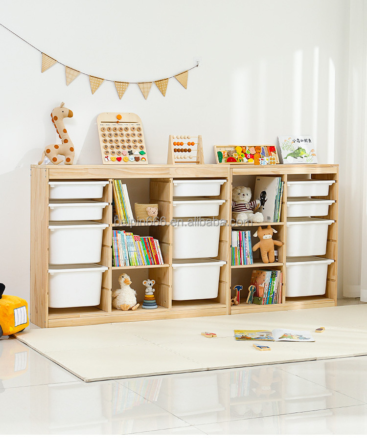 Living Room Kindergarten Wooden Storage Shelf Toys Organizer Kids Furniture Books Cabinets Plastic Storage Bin