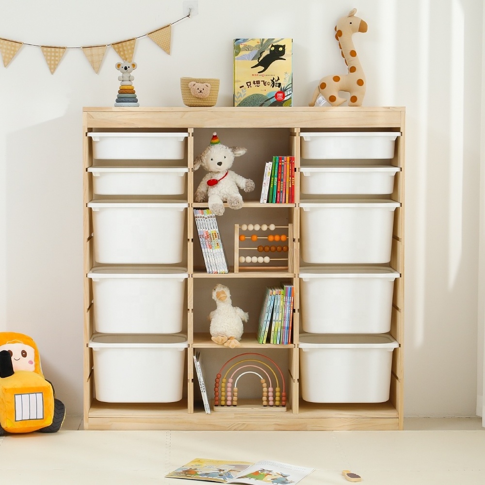 Living Room Kindergarten Wooden Storage Shelf Toys Organizer Kids Furniture Books Cabinets Plastic Storage Bin