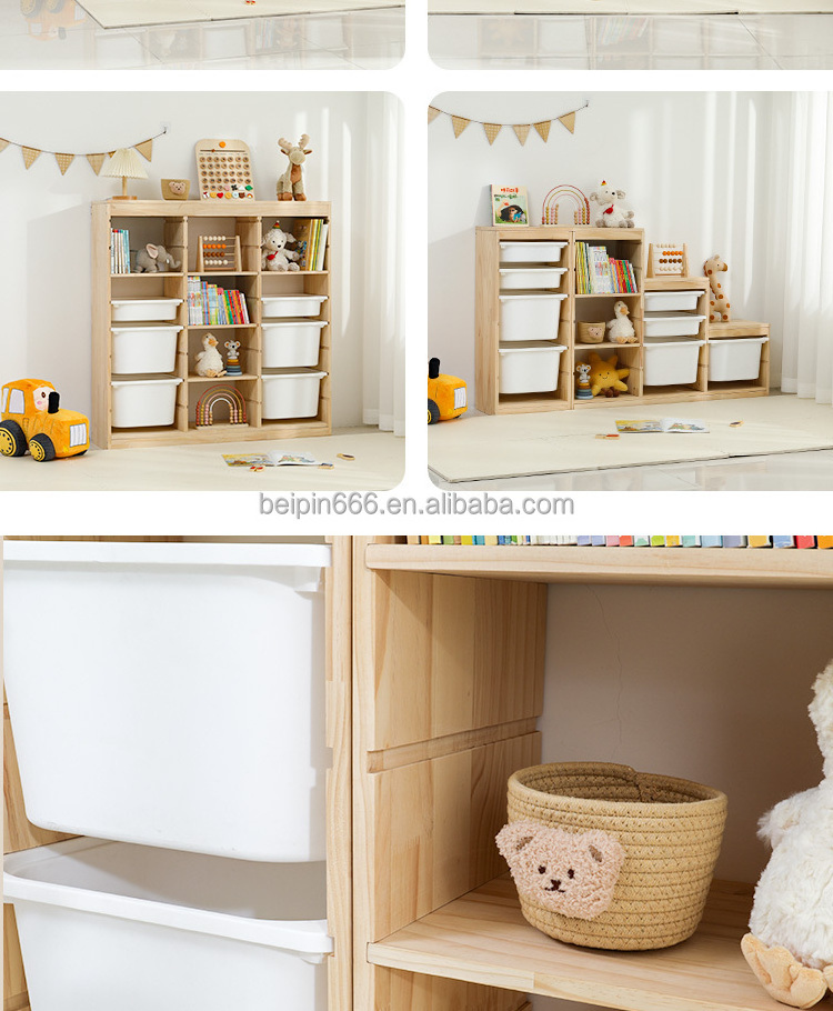 Living Room Kindergarten Wooden Storage Shelf Toys Organizer Kids Furniture Books Cabinets Plastic Storage Bin