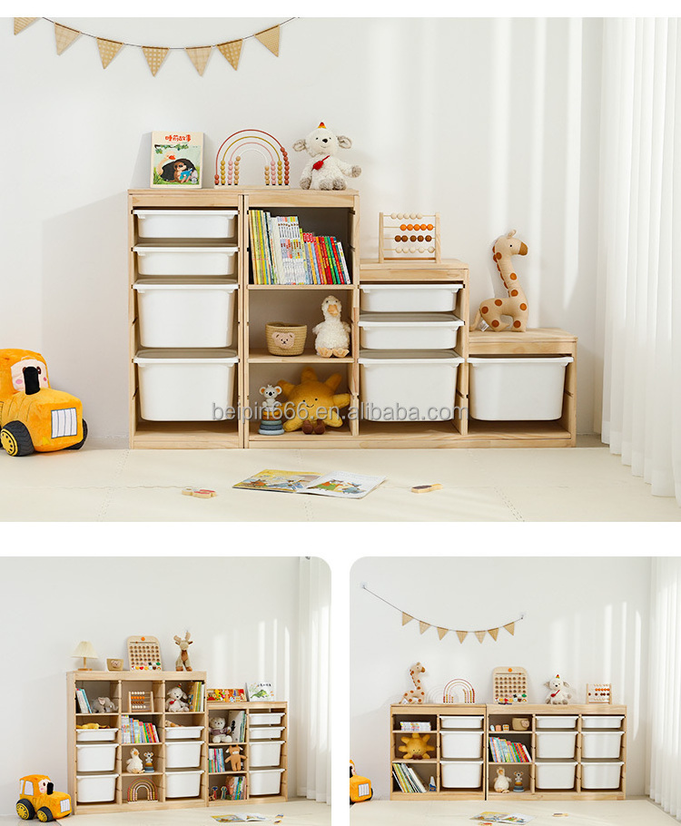 Living Room Kindergarten Wooden Storage Shelf Toys Organizer Kids Furniture Books Cabinets Plastic Storage Bin