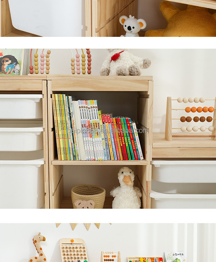 Living Room Kindergarten Wooden Storage Shelf Toys Organizer Kids Furniture Books Cabinets Plastic Storage Bin