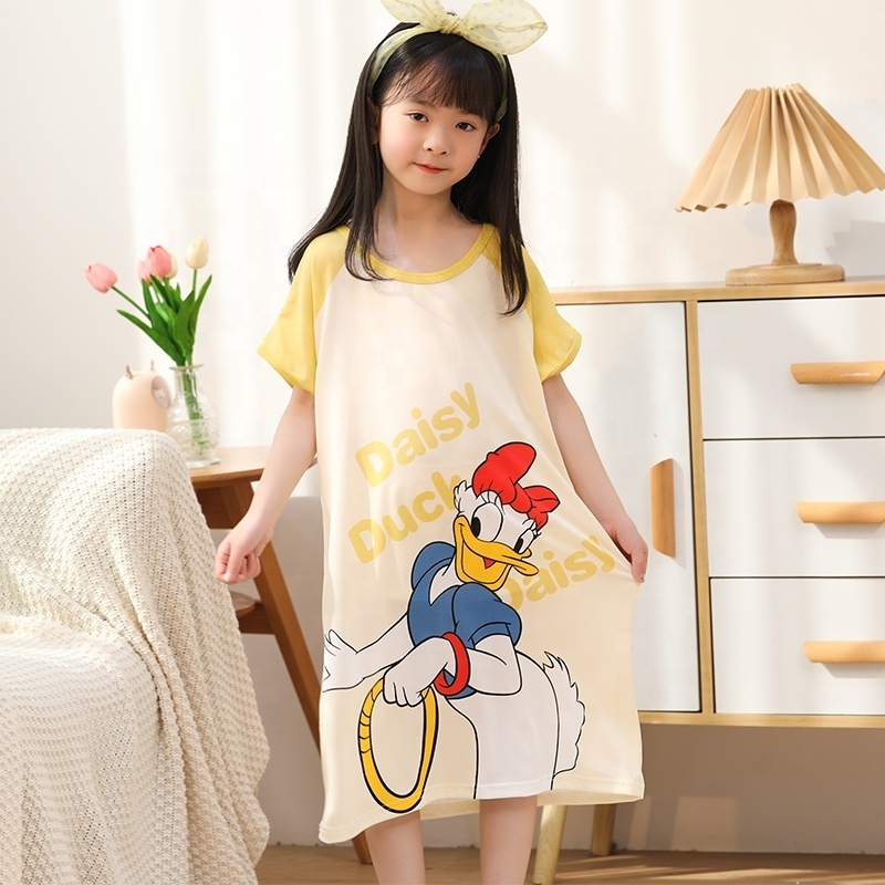 Summer Girl's Sleepwear Dress Cuhk Girls' Pajamas Short Sleeve Mid Length Nightdress Sweet Cute Cartoons Children Soft Homewear