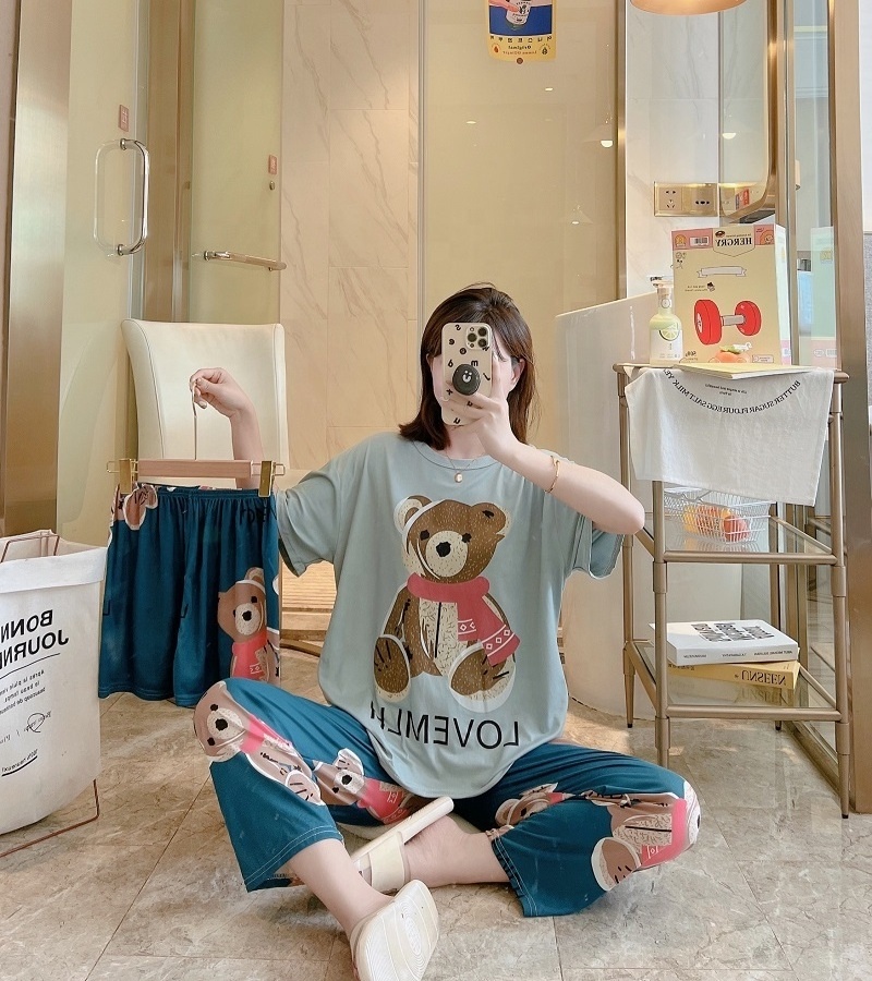 Spring and Summer Short-Sleeved Trousers 3Pcs Set Homewear Cartoon Casual Korean Pajamas Suit Cool Soft Milk Silk Sleepwear