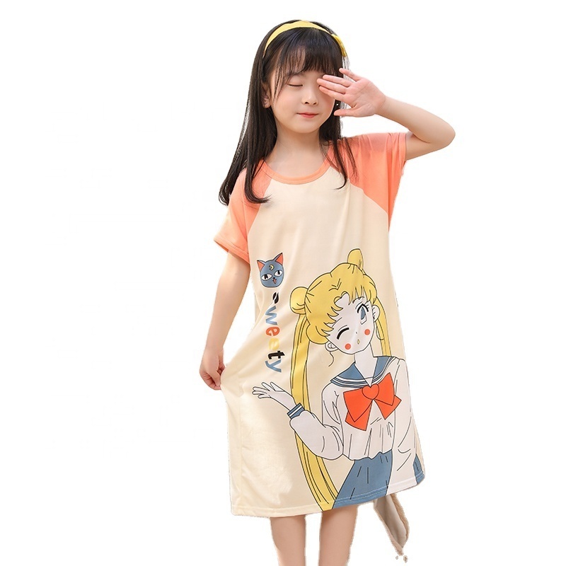 Summer Girl's Sleepwear Dress Cuhk Girls' Pajamas Short Sleeve Mid Length Nightdress Sweet Cute Cartoons Children Soft Homewear