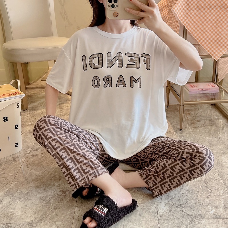 Wholesale Cute Print Pajamas Suit Women's Short Sleeve Top And Trousers Pajamas Cool Soft Milk Cartoon Cute Women's Sleepwear