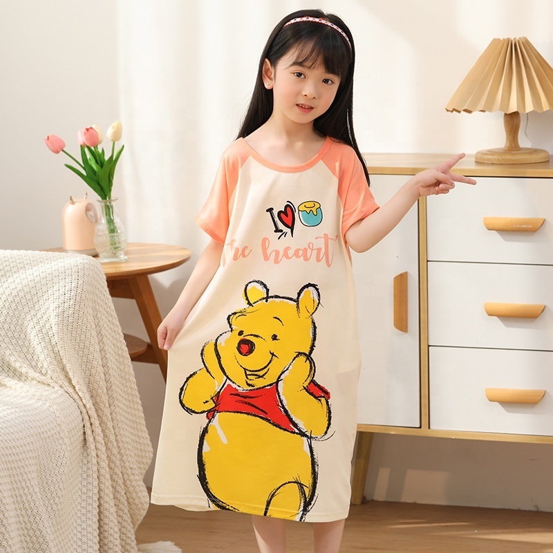 Summer Girl's Sleepwear Dress Cuhk Girls' Pajamas Short Sleeve Mid Length Nightdress Sweet Cute Cartoons Children Soft Homewear