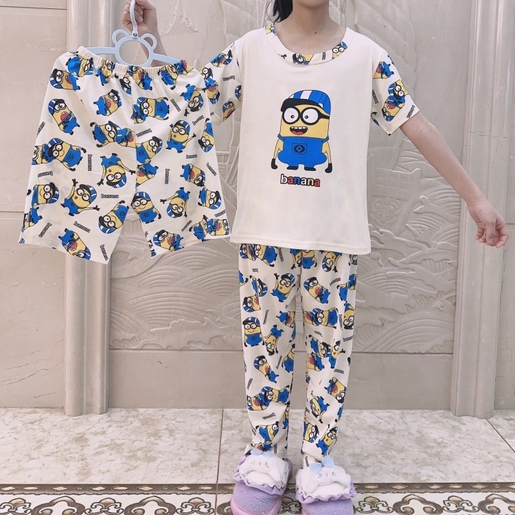 Girls Sleepwear Summer Short Sleeve Pants Shorts 3 Piece Set Kids Pajamas Children's Cartoons Milk Silk Thin Nightwear Homewear